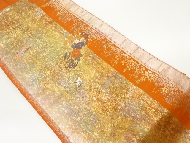 引箔縞に秋草模様織出し名古屋帯